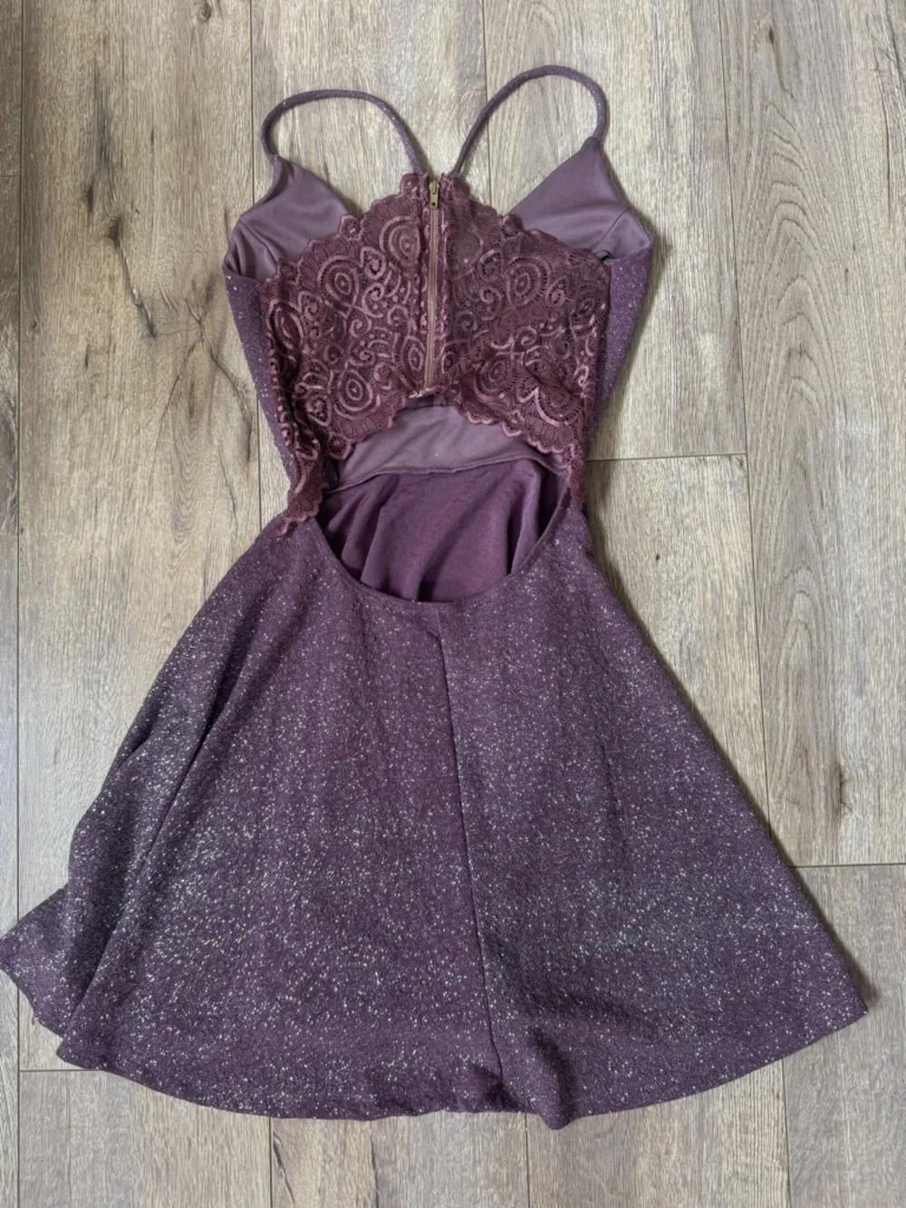 Glitter Plum Fit-and-Flare Party Dress with Lace Back - Picture 3 of 4